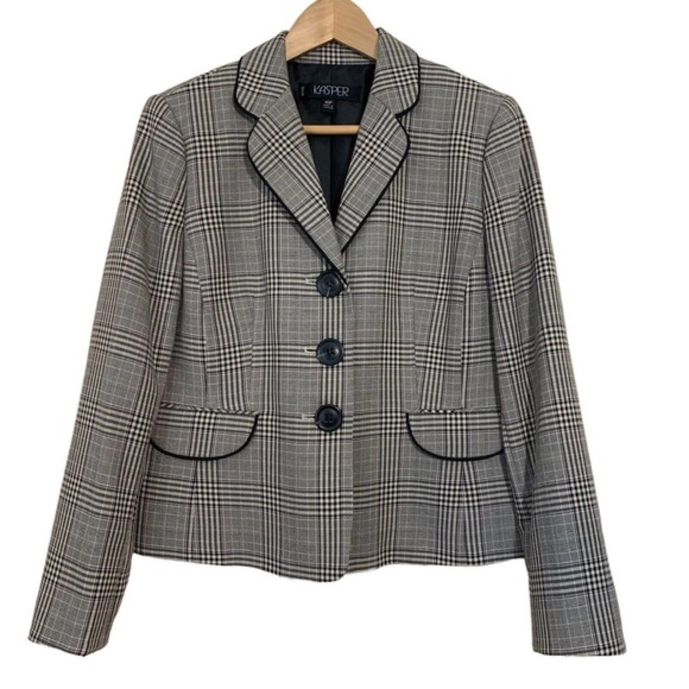 Kasper Womens Blazer Jacket Plaid Purple Black 10P
